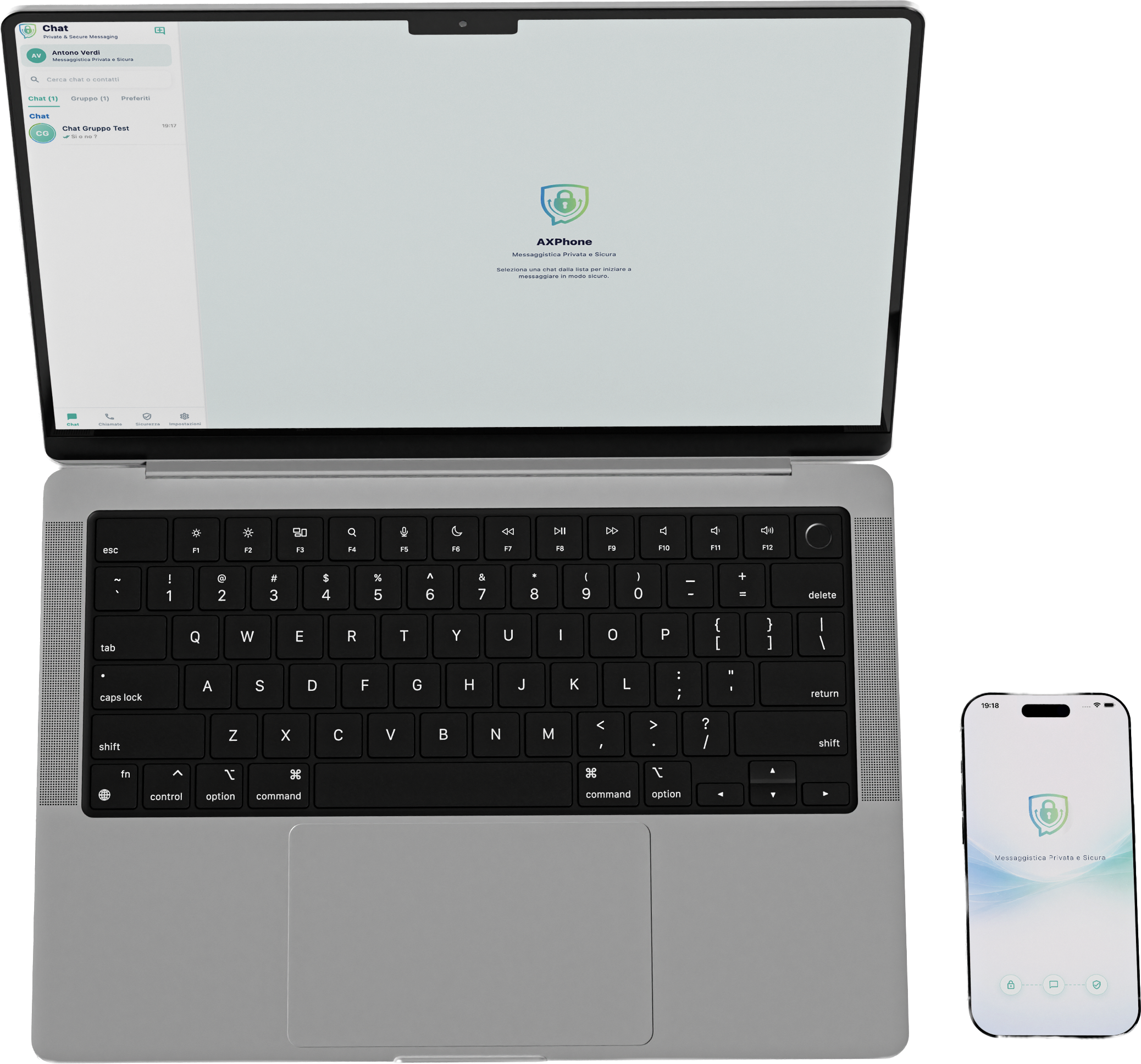 Composizione AXPHONE con laptop e iPhone